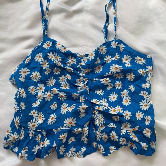 Blue Daisy Floral Print Ruched Ruffle Hem Cami Top - Picture 1 of 4